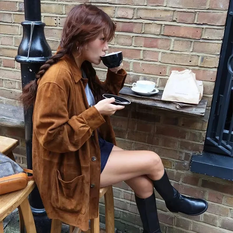 

Vintage Brown Suede Leather Loose Jacket Women Single Breasted Lapel Long Sleeves Coats Autumn High Street Blazer Outerwears