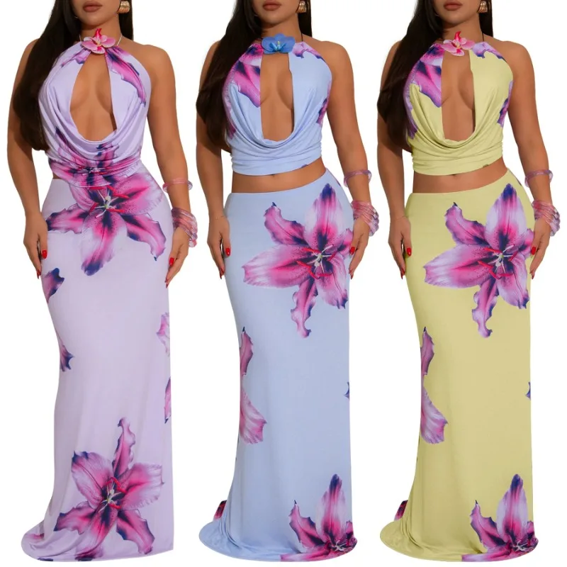 

Plus Size African Clothes for Women Summer Fashion Sleeveless Polyester Printing 2 Piece Top Long Skirt Matching Sets Outfits