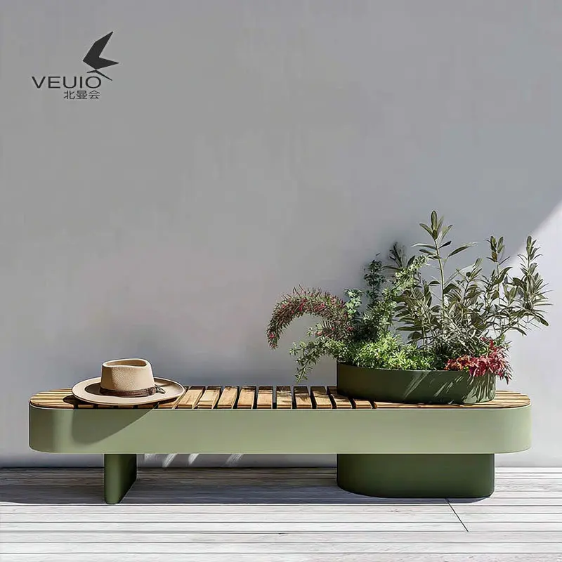 

Outdoor iron flower box with integrated bench, flower trough, partition, and seat combination, simple design
