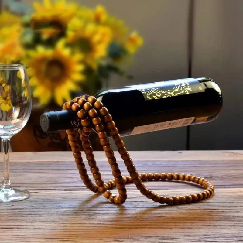 Creative Retro Wooden Bead Wine Rack Hanging Wine Bottle Rack Living Room Wine Cabinet Decor Dining Table Ornaments Home Decor