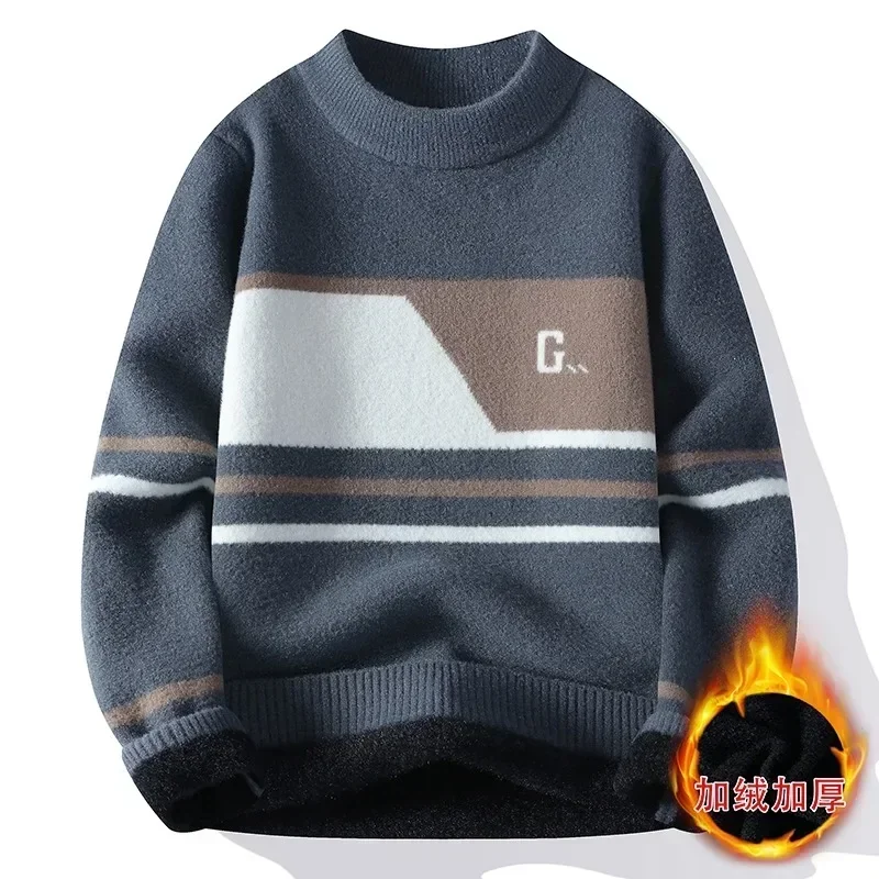 Herfst Winter Ronde Hals Gebreide Trui voor Mannen Trend Casual Gebreide Trui Voeg Fluwelen Warme Truien Tops Sociale Herenkleding toe