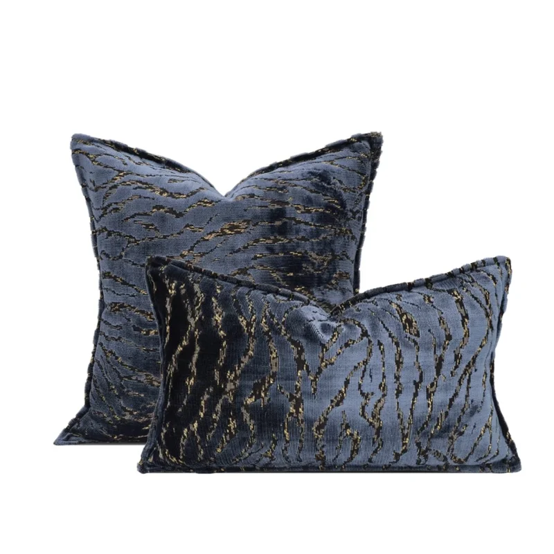 Blue Velvet Tiger Stripe Throw Pillow Cover Metallic Gold Jacquard Cushion Case  Modern Glam Decorative Pillows For Sofa Chair
