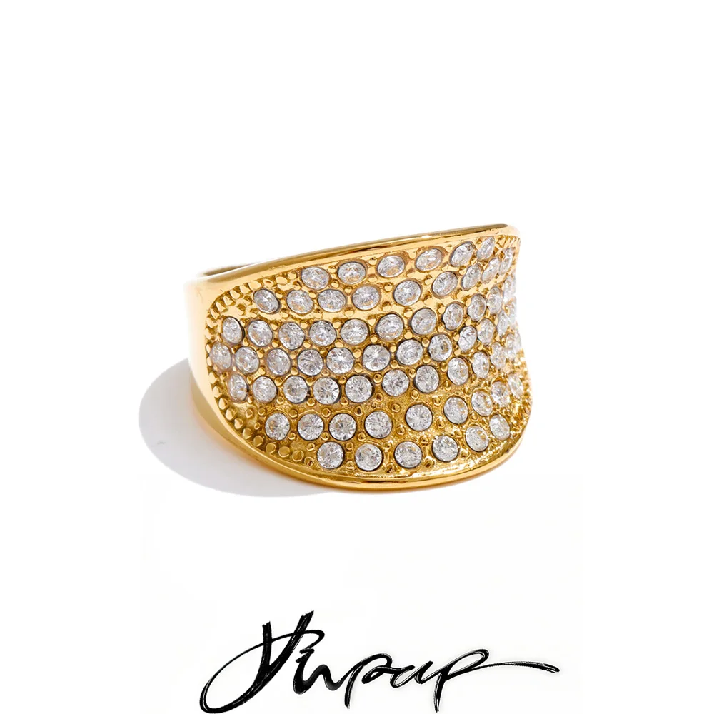 Yhpup Size 6789 Shiny Cubic Zirconia Inlaid Fashion Ring Gold & Platinum Plated Fashion Stainless Steel Delicate Finger Jewelry