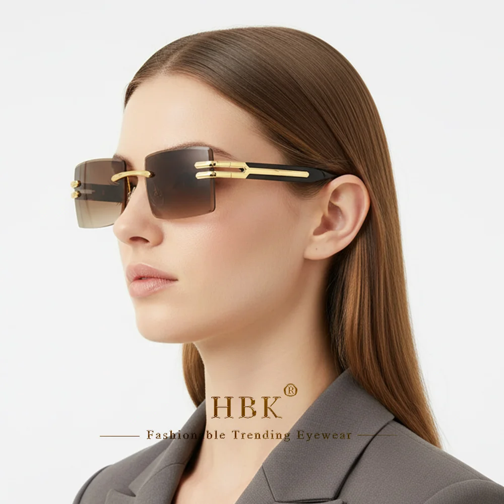 

Солнцезащитные очки HBK Luxury без оправы, прямоугольные, модные, для мужчин и женщин, с зеркальными линзами, винтажная металлическая оправа, для вождения, подарок, защита от УФ400
