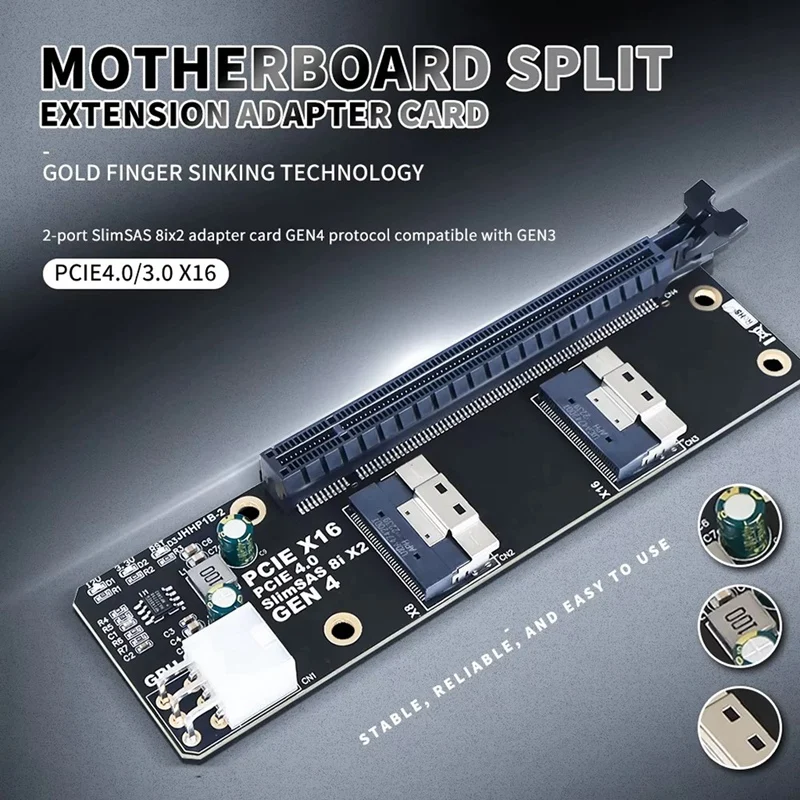 Top-2 Port Slimsas 8I X2 To Pcie 4.0 X16 Slot Adapter Card SFF8654 Riser Card GEN4 For Network Graphics Video Card GPU 6Pin