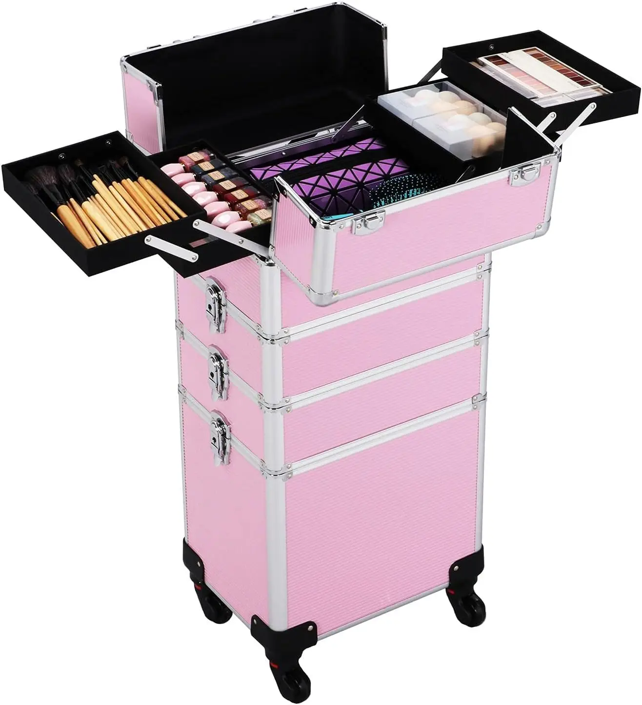 

4 in 1 Professional Makeup Rolling Case, Large Aluminum Cosmetic Train Case, Makeup Tavel Case Travel Beauty Organizer