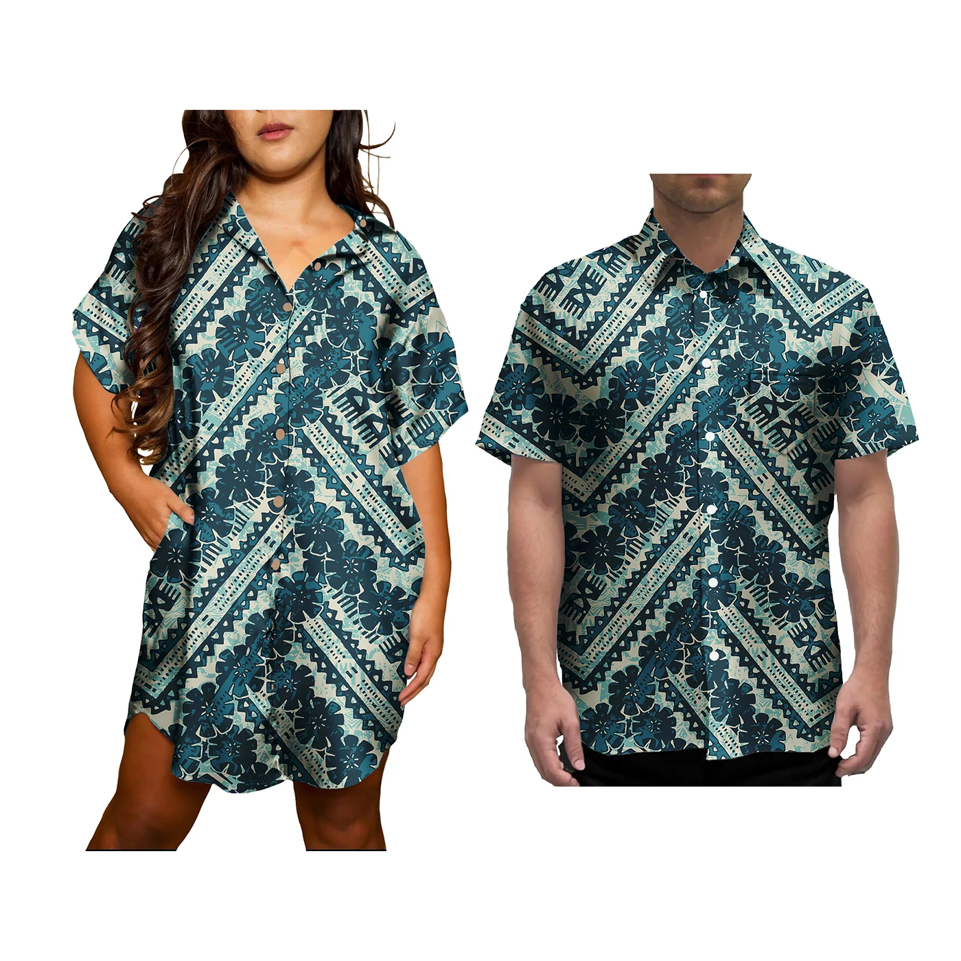 Polynesian Tribal Plus Size Couples Matching Outfits Shirts Elegant Casual Women Dress and Hawaiian Men Shirts