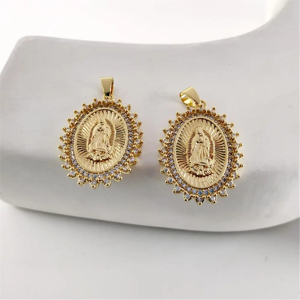 FUWO Wholesale 18K Gold Plated Oval Virgin Mary Pendant, High Quality Zircon Charm for DIY Handicraft Jewelry Making 10Pcs B018