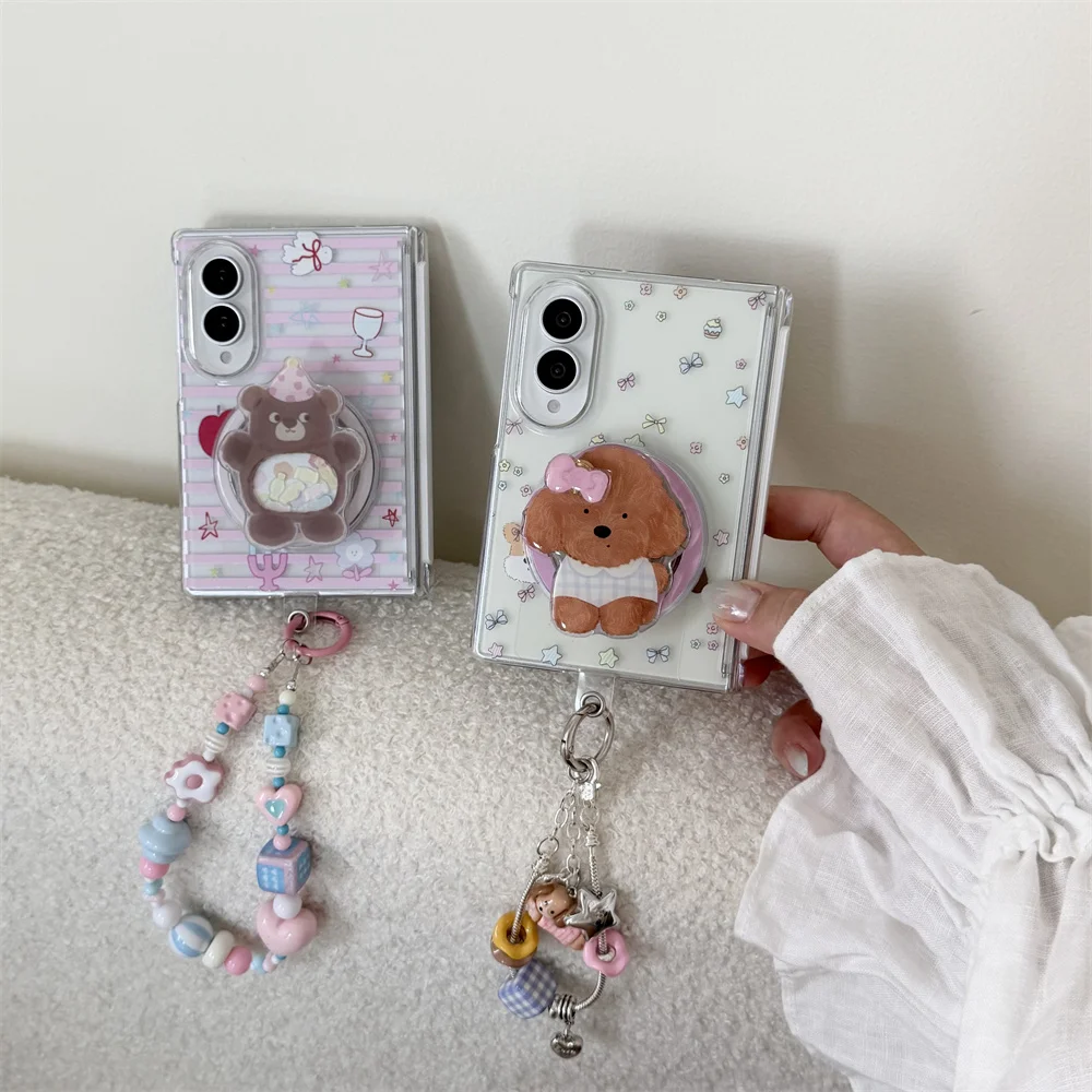 Cute Bear Dog Print Magnetic Holder Phone Case For Samsung Galaxy Z Fold 8 Shockproof Clear Cover With Sweet Beaded Wrist Chain