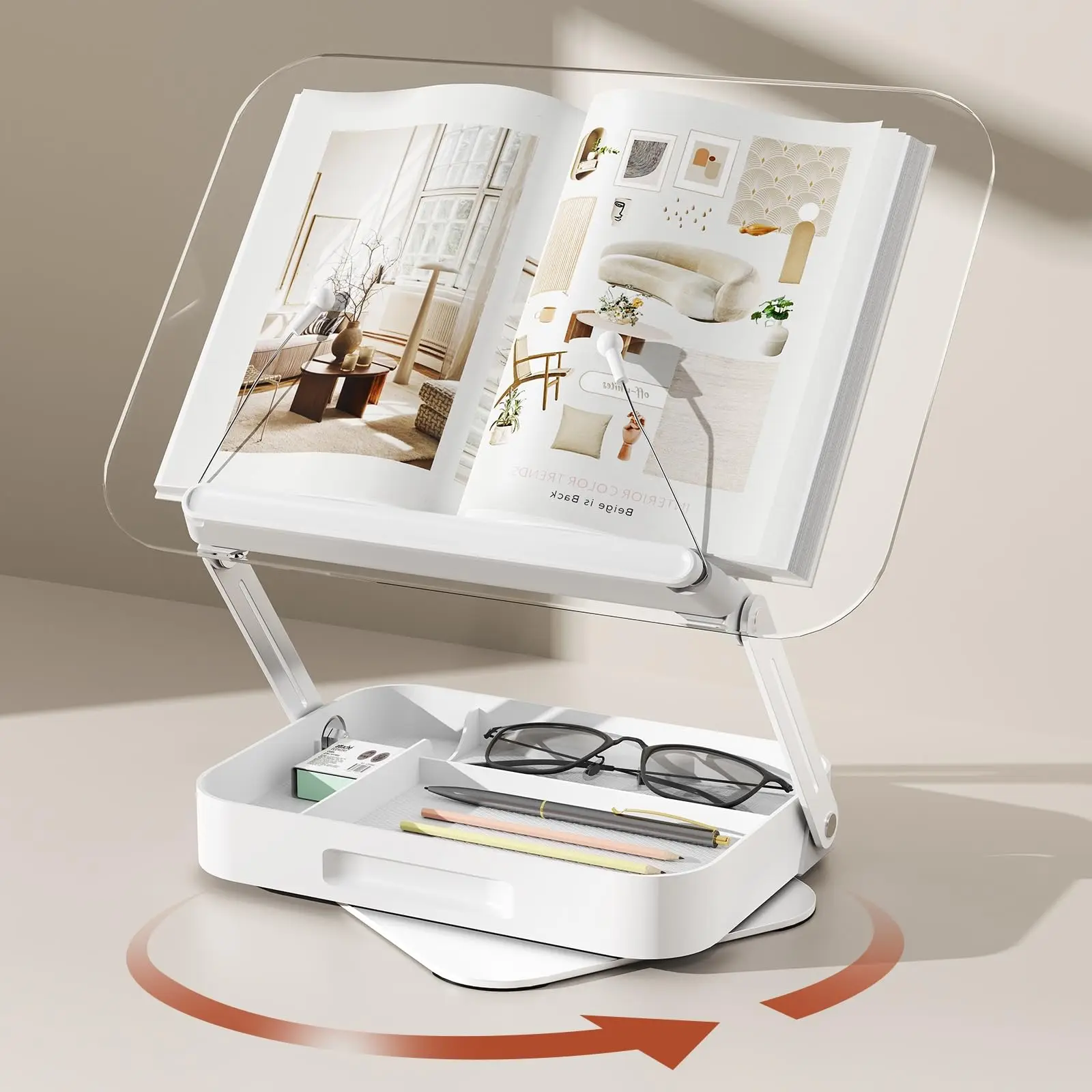 NEW Acrylic Book Stand with Storage for Reading Adjustable Book Holder with 360° Rotating Base Foldable Desktop Riser Stand