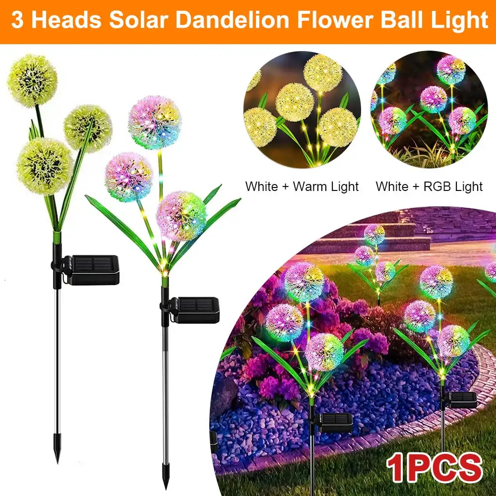 

3 Heads Solar Dandelion Lights Outdoor Ground Plug Lawn Garden Decorative Lights LED Onion Bulb Flower Landscape Lights