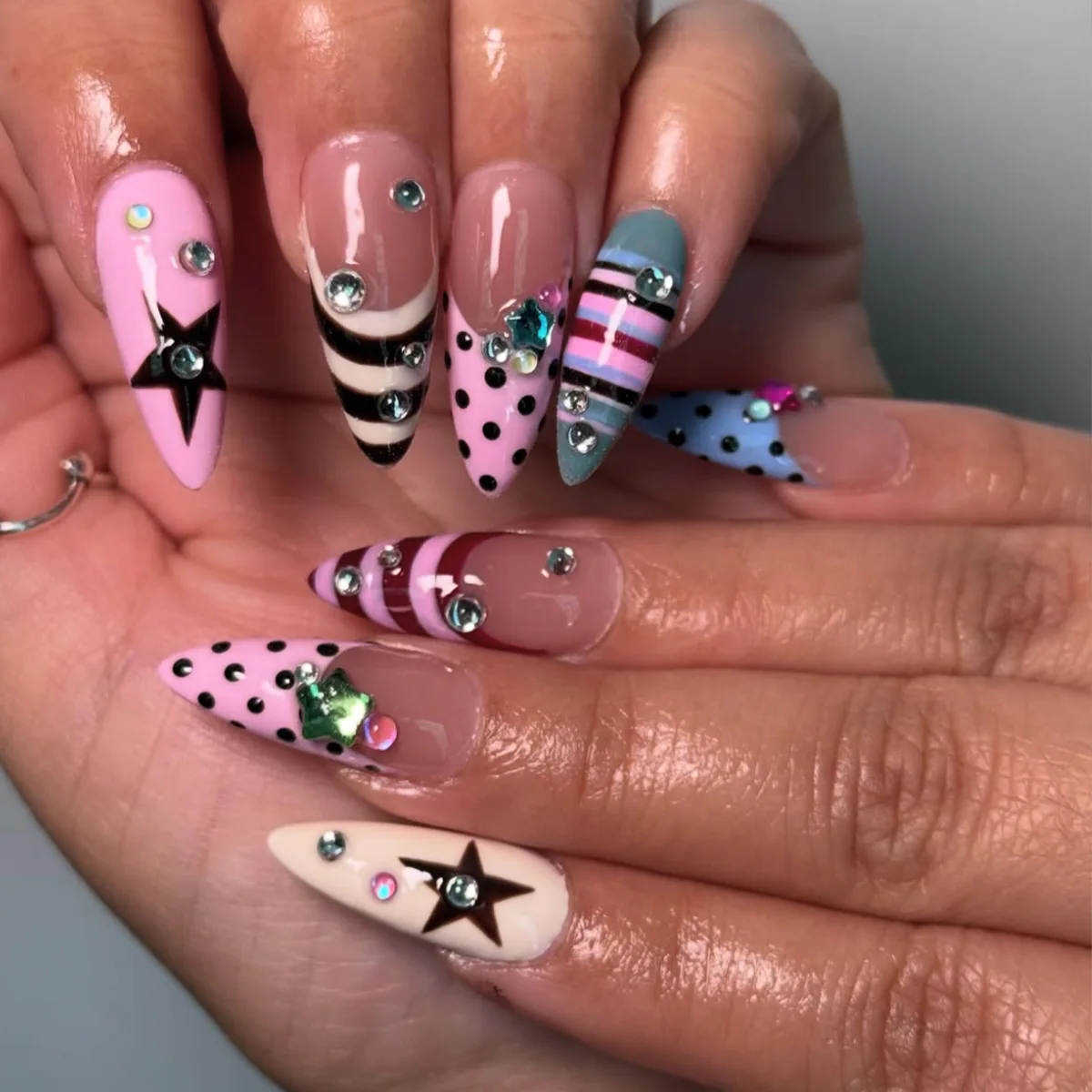 24pcs Pink Full Nails False Polka Dot French Long Almond Acrylic Press on Nails Set Black Star Stripe Fake Round Head Fingernail