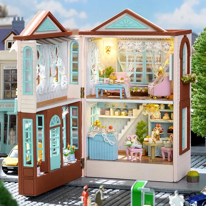 

2024 New Handmade DIY Wooden Mini Doll House Gift Shop Romantic Castle Dessert House Foldable Children's Building Toys for Girls