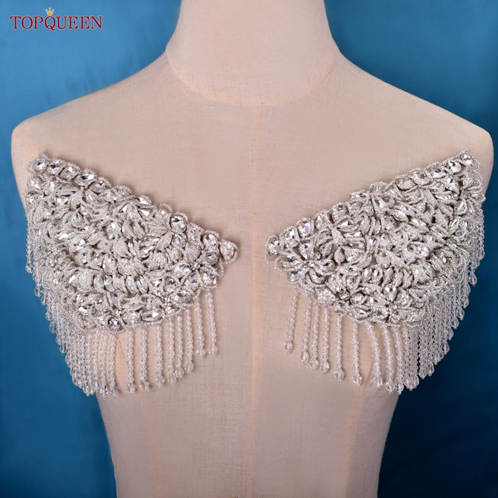 TOPQUEEN SP62 Bead and Rhinestone Patches Epaulettes with Chain Shoulder Knot Sew Jewelry Tassel Rhinestones Clothes Accessories