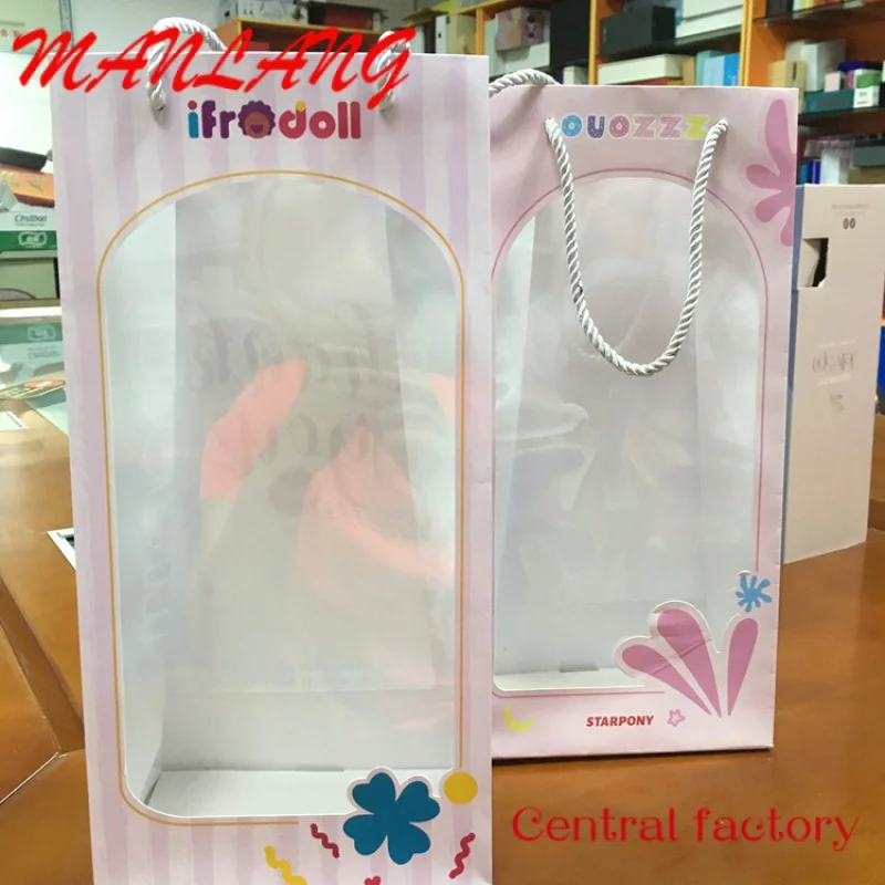 Custom  Custom new kraft paper bag  with window flower toy shopping packaging pink paper bags with your own logo