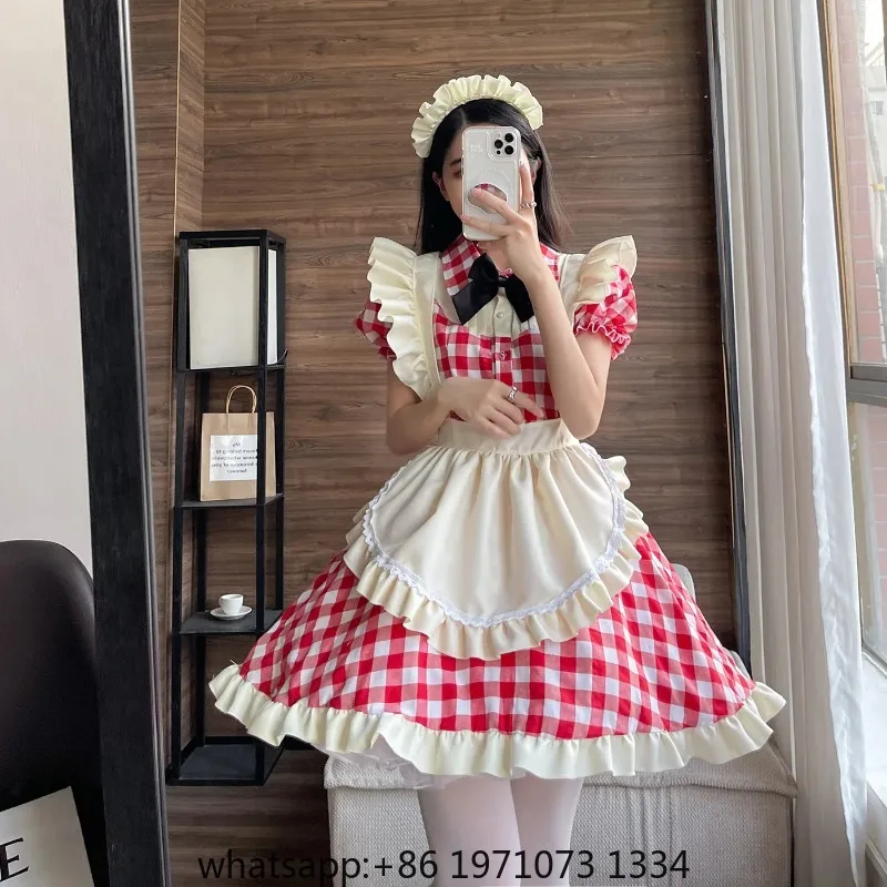 Plus Size Plaid Maid Cosplay Costumes Women Anime Halloween Apron Maid Outfits Lolita School Girl Kawaii Party Clothing 2022 New
