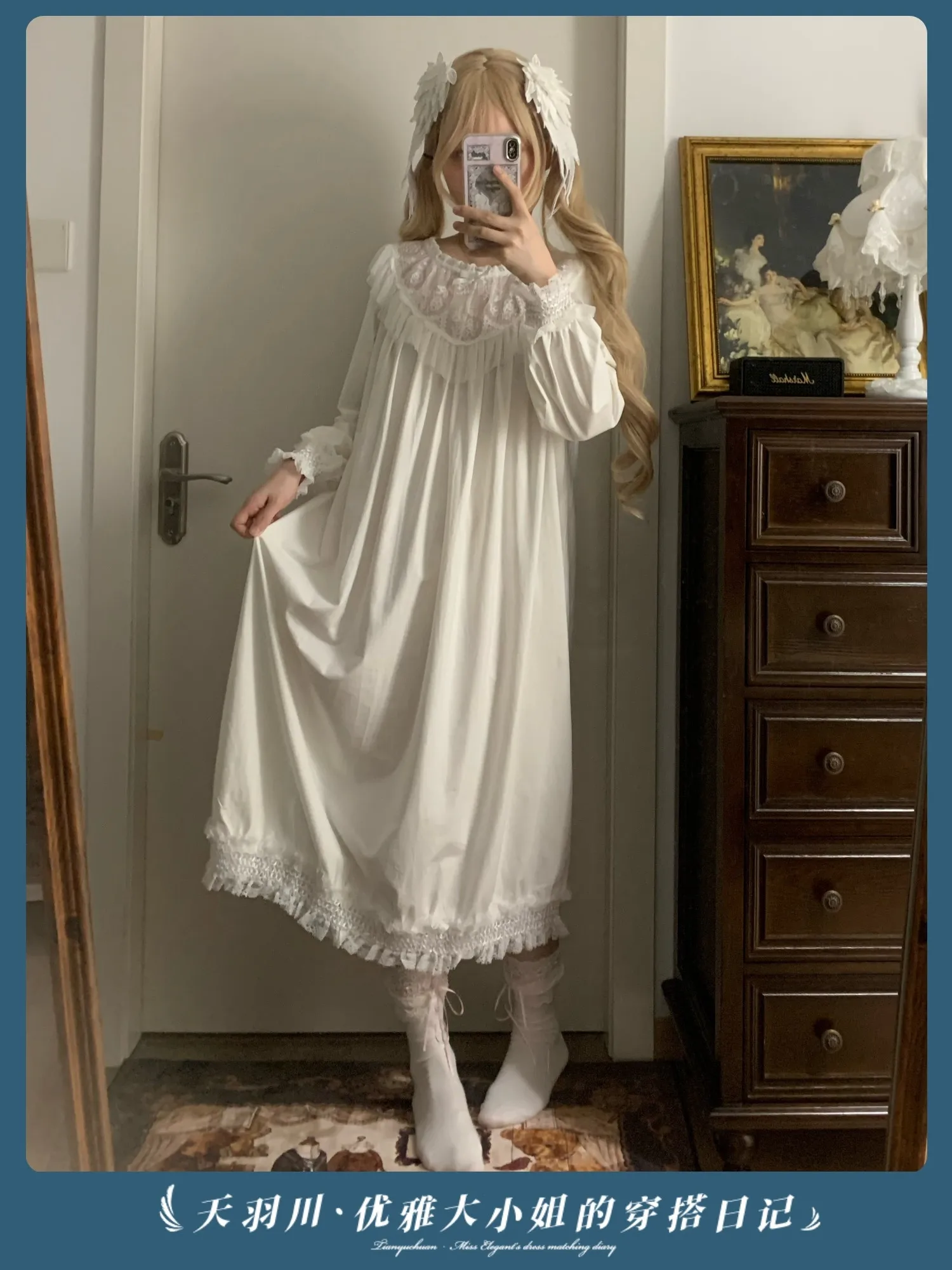 French Victorian Princess Nightgown Long Sleeve Lace Ruffle Collar Loose Maxi Fall Soft Loungewear Wear‑outside Sleep Dress