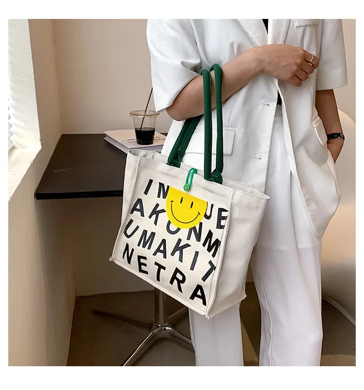 Women Vintage Canvas Tote Bag Causal Letters Print Shoulder Bag 2024 Soft Ladies Handbag Female Large Shopping Bags for Boutique