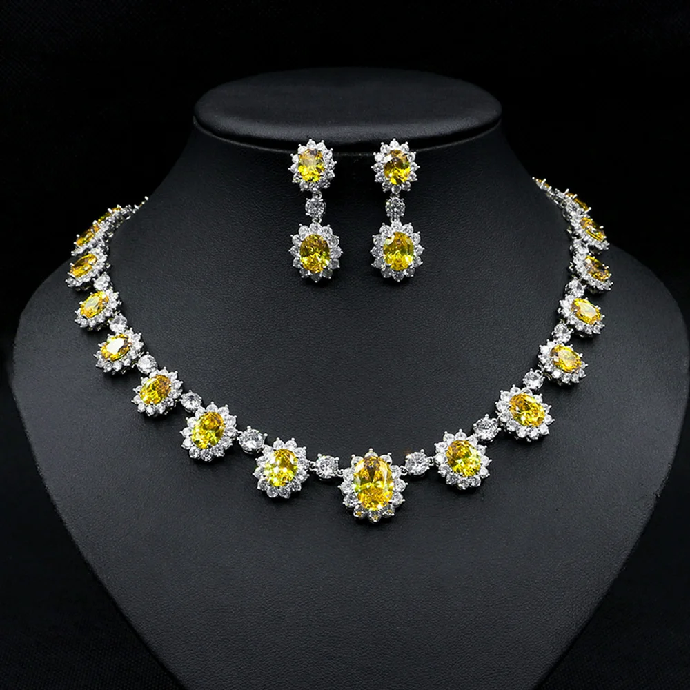 

Luxury brand genuine real jewels Wind bride Set Necklace Earrings simple temperament 3A sunflower zircon dinner ins jewelry high