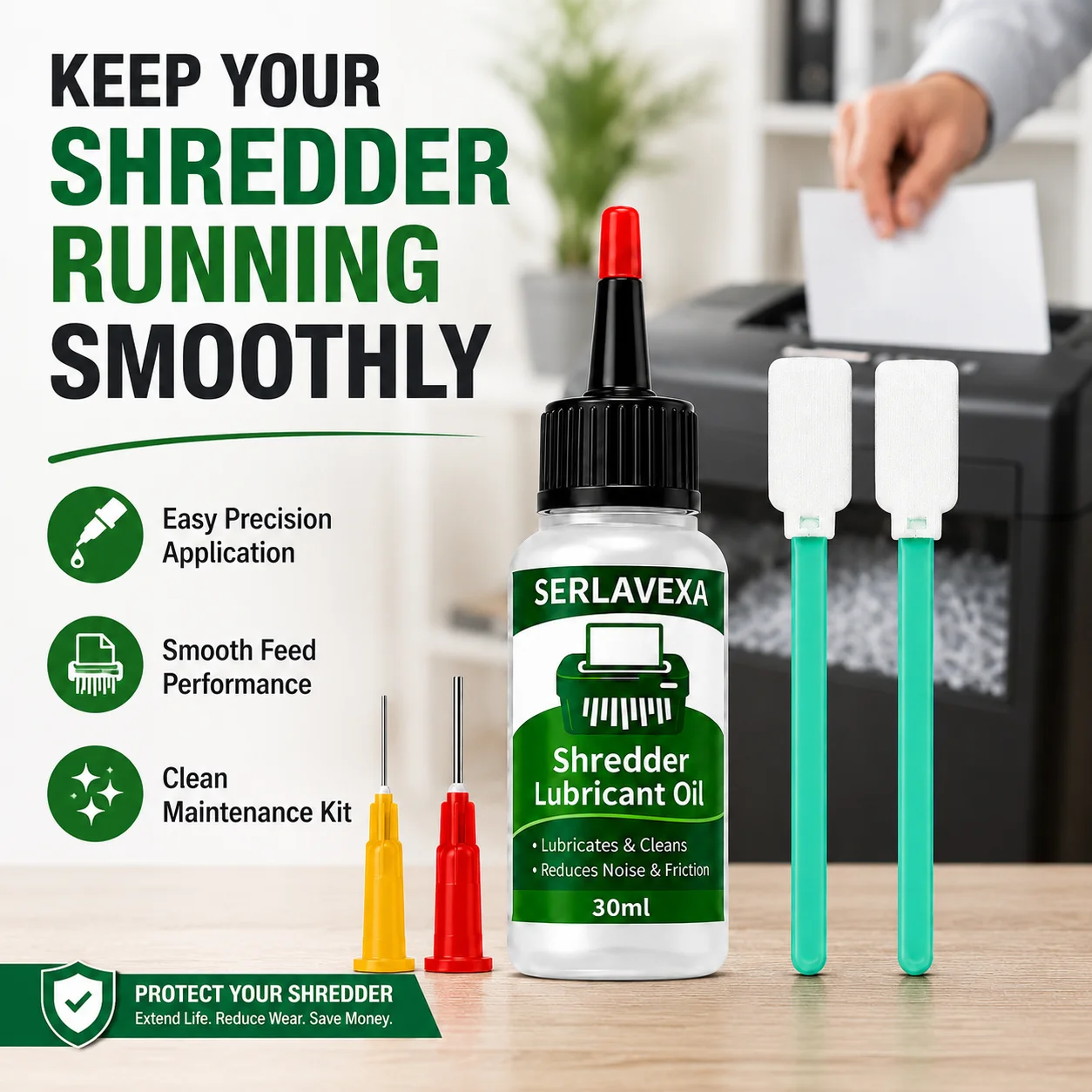 SERLAVEXA Shredder Maintenance Lubricant with 2 Fine Needle Tips and 2 Cleaning Swabs for Paper Shredder Blade and Gear Care