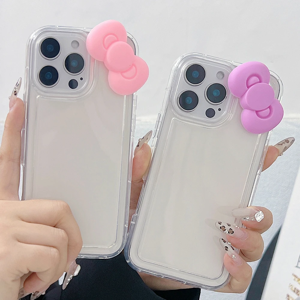 Lovely 3D Bow Clear Soft Phone Case For iPhone 16 15 14 Pro Max 13 12 11 Mini 7 8 Plus X XR XS Max SE Transparent Cover