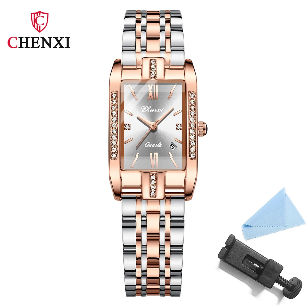 CHENXI-Reloj de acero inoxidable para mujer, resistente al agua, esfera Rectangular, lujo, alta calidad, moda, relojes de pulsera de cuarzo, regalo