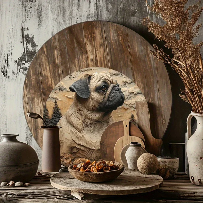 8x8inch Round Aluminum Sign Pug Sign Relief Visual Effects Sign For Garden Kitchen home decoration accessories  farmhouse decor