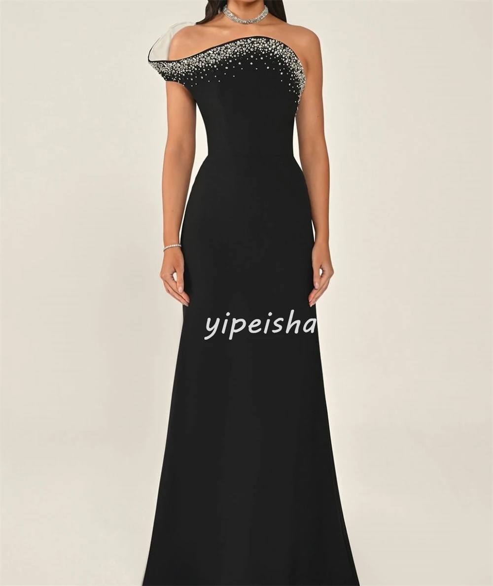 Customized Formal Women Jersey Rhinestone Ruched Straight Evening Dresses Fashion Strapless Sleeveless Floor Lenght Prom Dresses image 2