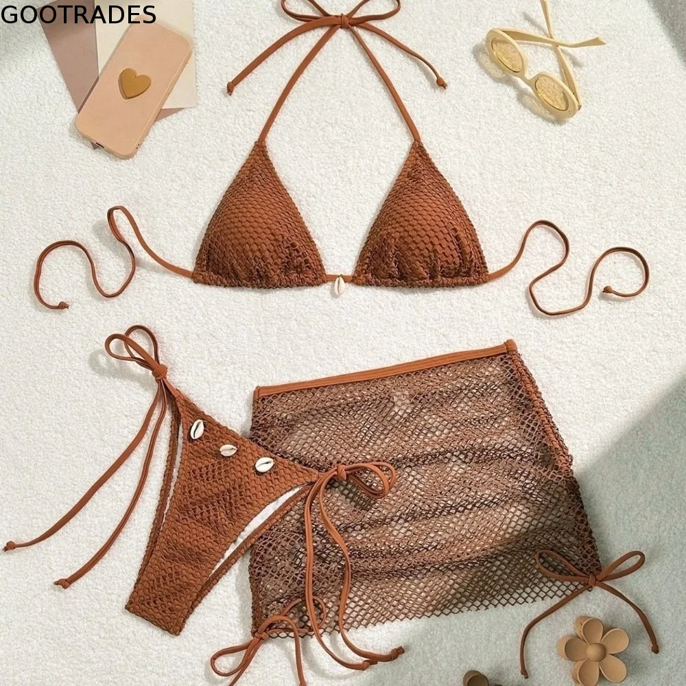 Fashion Mesh 3 in 1 Swimwear Set Lace Up Deep-V Bikini Bathing Suit Slim Fit Beachwear Clothing Sleeveless Swimsuit Beach