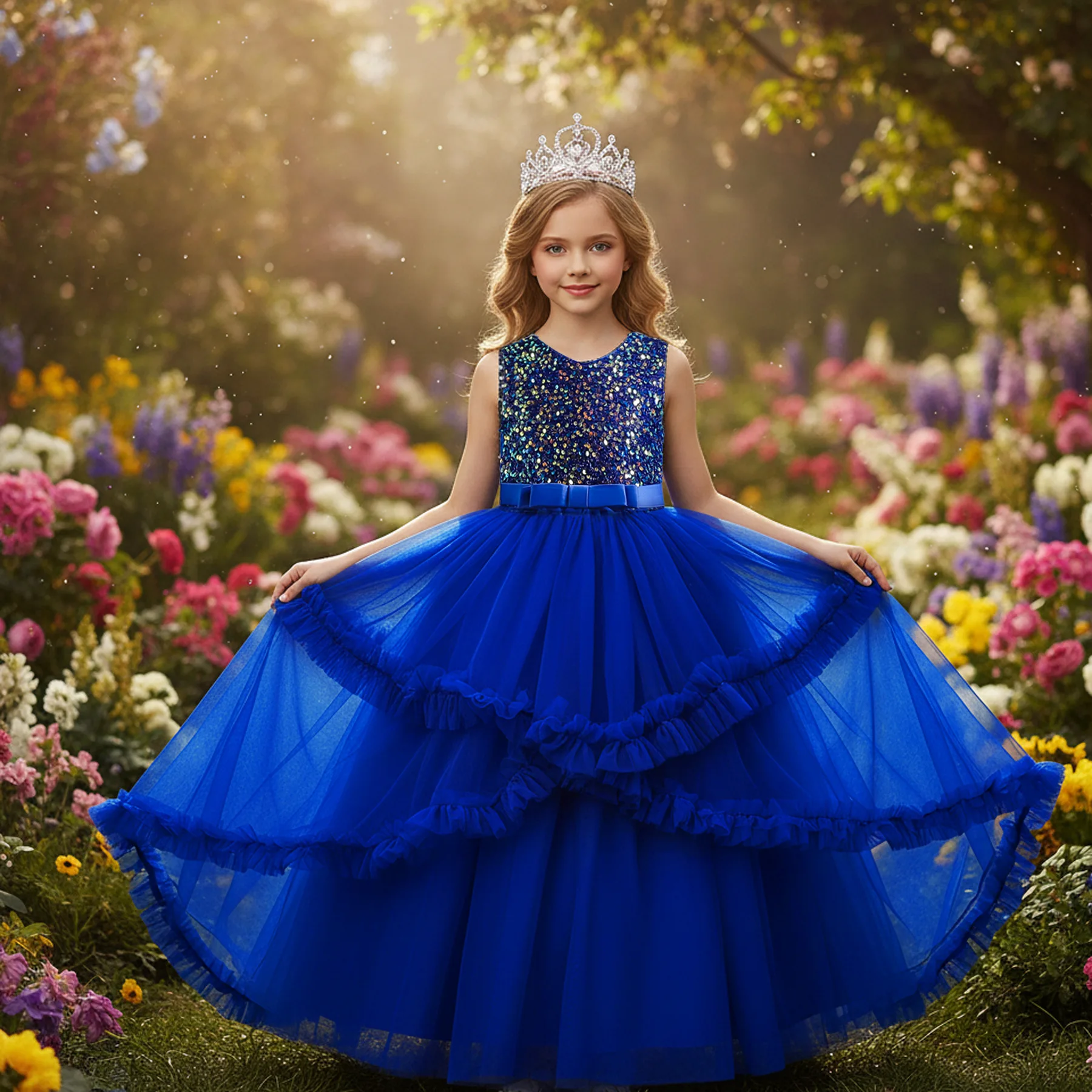 Somenie Christmas Girl Princess Dress Sleeveless Sequined Flower Girl Birthday Tutu Foreign Style Host Catwalk Evening Dress