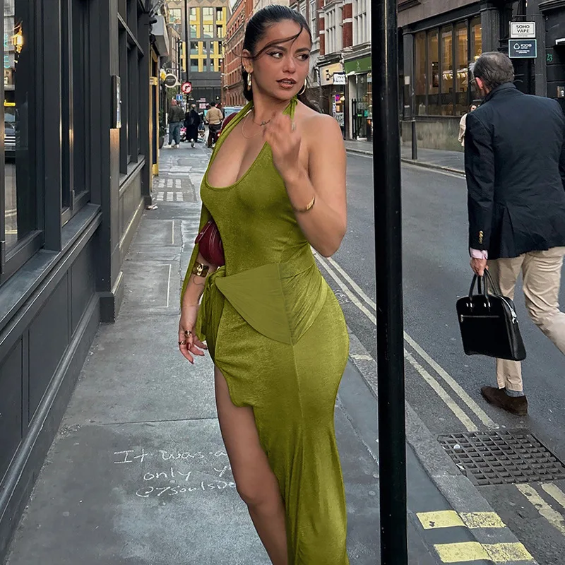 2025 Nuovo Sexy Estate Aderente Moda Donna Solido Senza Maniche Lace Up Bow Halter Tank Mini Abiti Eleganti Slim Split Abiti