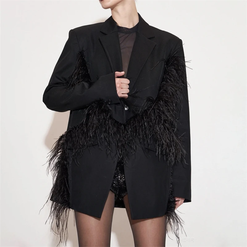 Autumn New Women's Lapel Ostrich FeatherTrim Long-Sleeved Suit Jacket Y2K High-QualityFashionable Casual Tassel Loose Jacket Top