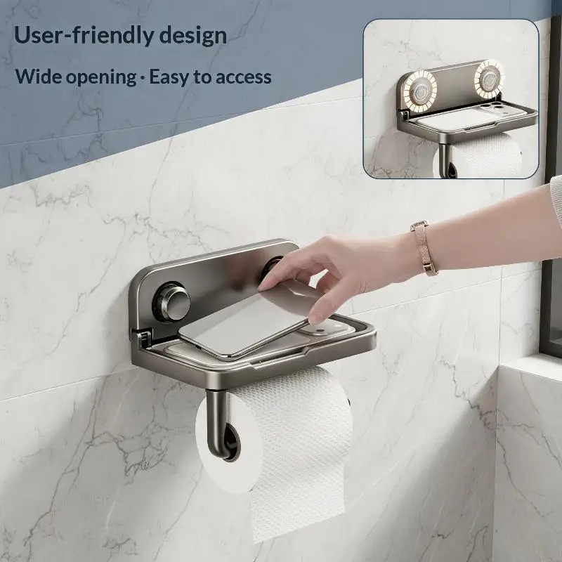Bathroom Wall Mounted Storage Rack Foldable Stainless Steel Mobile Phone Holder Tissue Holder No Drilling Multi-Functional