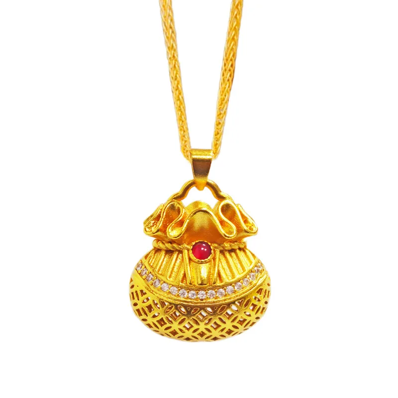 

Women's Lucky Pouch Pendant, 24K Gold, AU999 | 3D "Fortune"-engraved pouch with zircon tassel, playful symbol of prosperity.