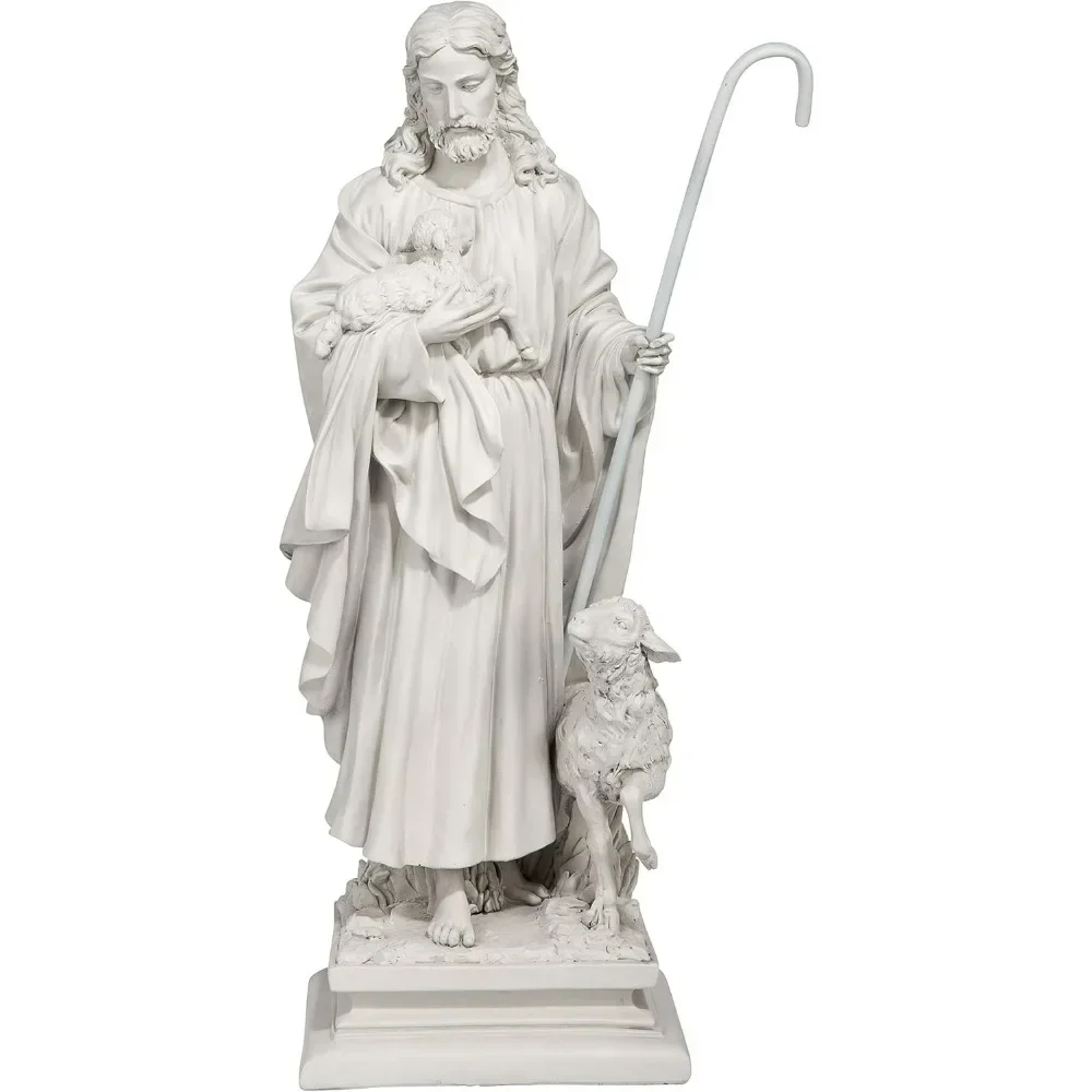 Jesus Good Shepherd Garden Statue, 12 inches wide, 8 inches deep, 28 inches high, antique stone veneer