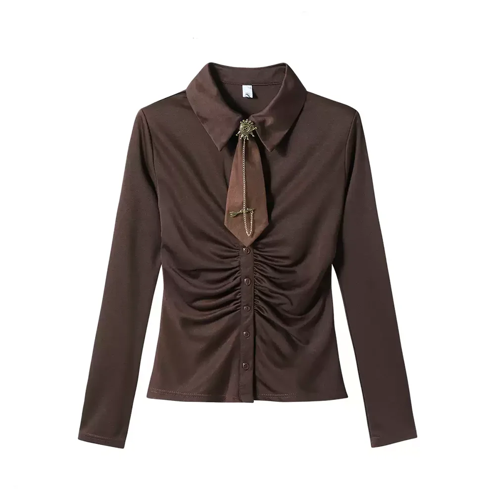 

Женская коричневая повседневная рубашка с воротником и галстуком с длинными рукавами, японская Harajuku 2000-х годов, эстетичная офисная рубашка в стиле ретро, одежда