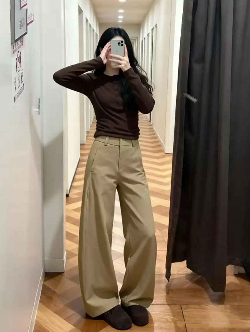 

High Quality Khaki Chino Pants Casual High Waist Straight Leg Workwear Loose Fit Trousers for Women Spring Season Fashion