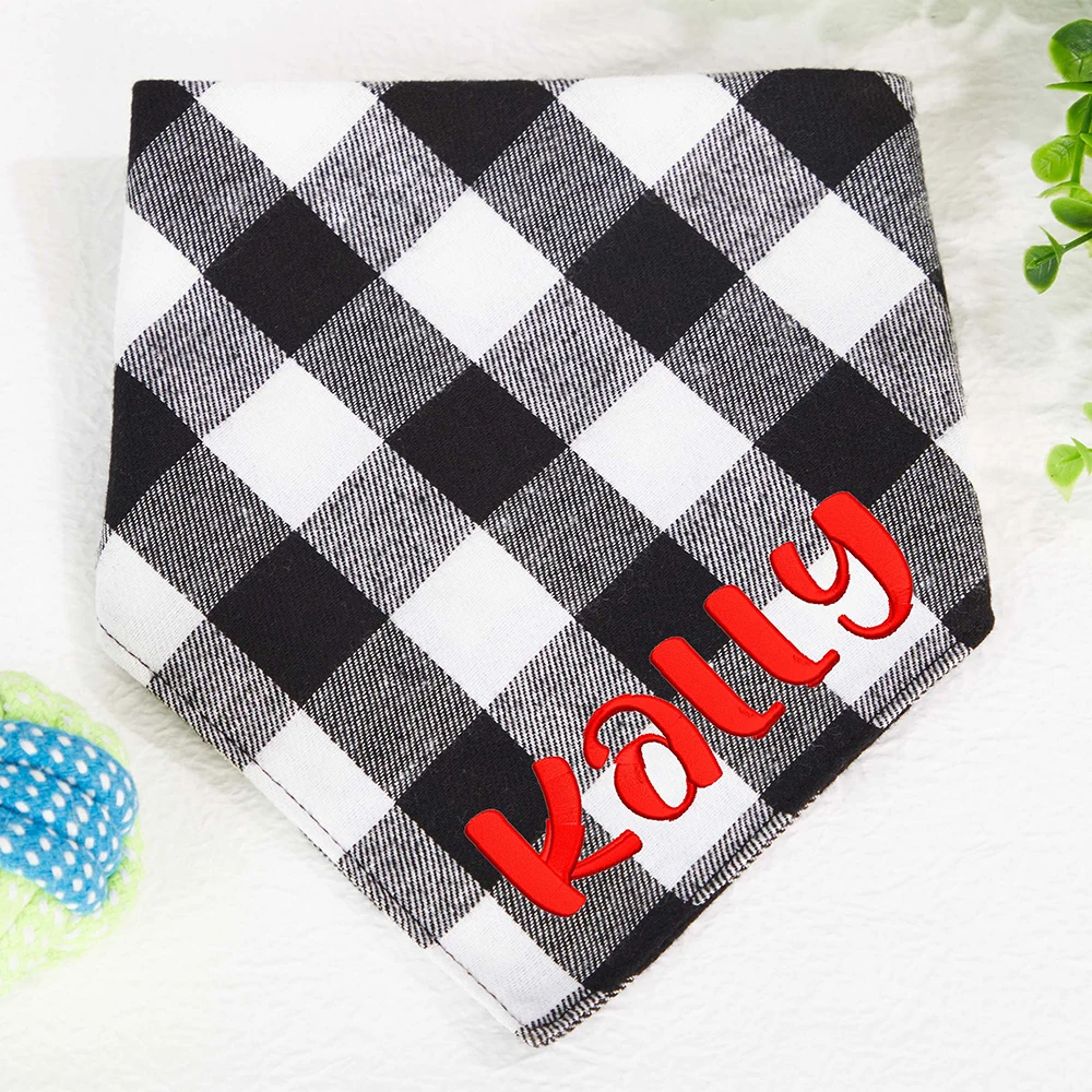 Personalized Embroidered Premium Checked Name ID Dog Bandana Custom Name Dog Scarf Pet Accessories Neckerchief Scarf Towel