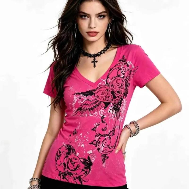 Personality Trend Summer New Y2K Slim Fit T-Shirt Printed Harajuku Girl Fashion Retro Short Sleeved T-Shirt Women's Clothes Emo