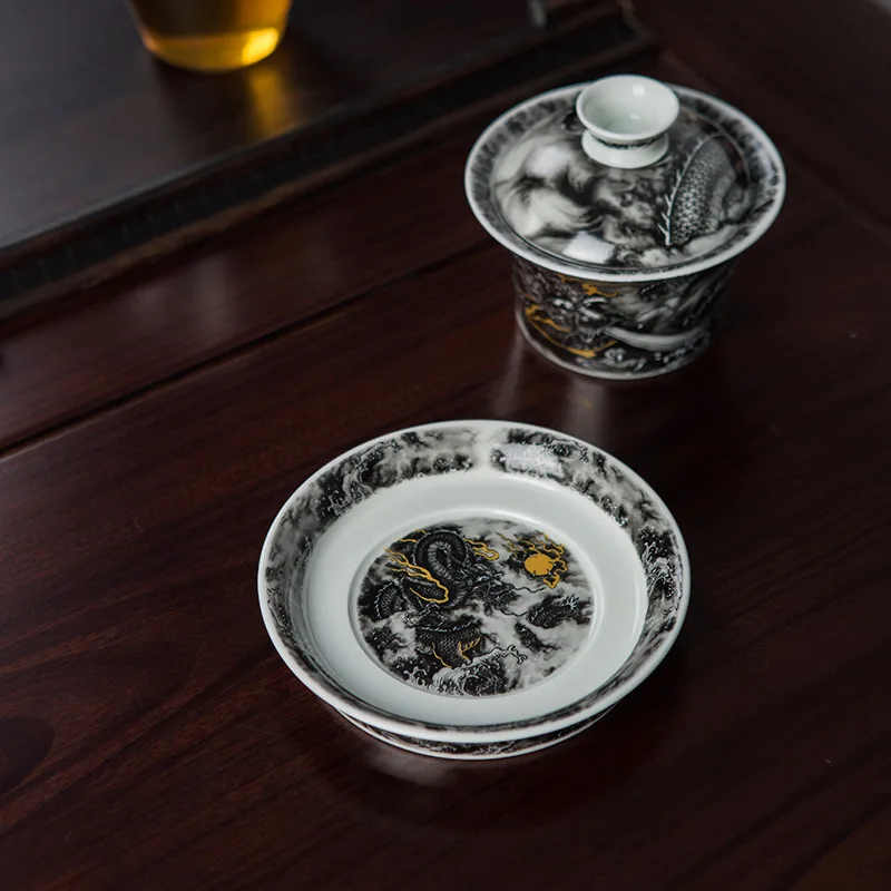 Jingdezhen Ceramic Sancai Cover Bowl Teacup Opening Glaze High-grade Dragon Pattern Ceramic Tea Bowl Small Set180ML