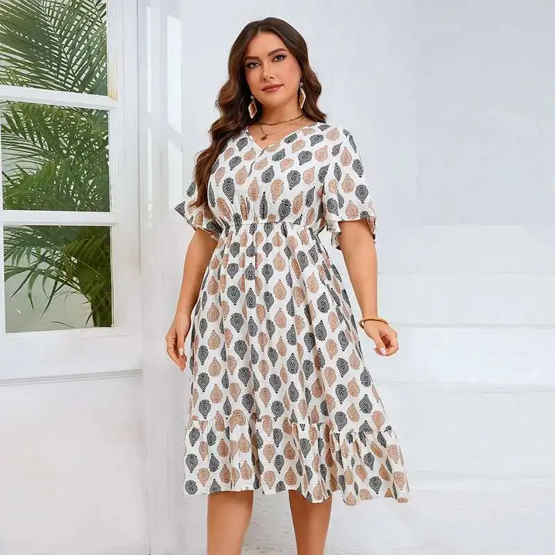 

2025 French Hot-selling Plus Size Dress with Bell Sleeves, V-neck Pullover, Casual Fashion Printed Midi Dress Casual Y2k