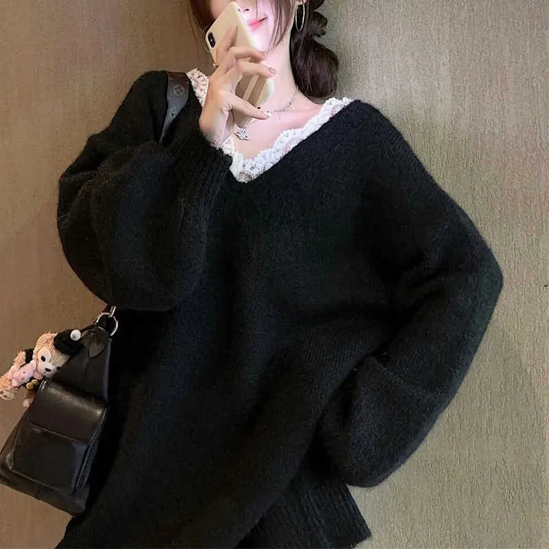 

Sweet Lace Spliced Fashionable Bow Sweaters Women's Clothing Solid Color Autumn Winter Casual V-Neck Backless Knitted Pullovers