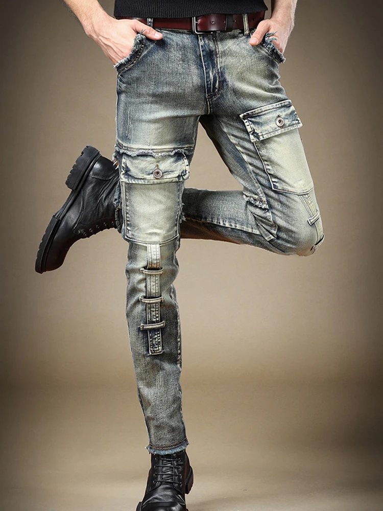 2024 Heren Jeans Stretch Vintage Wassen Drak Blauwe Denim Broek Herfst Zomer Luxe Street Hiphop Stijl Slim Fit Heren Broek