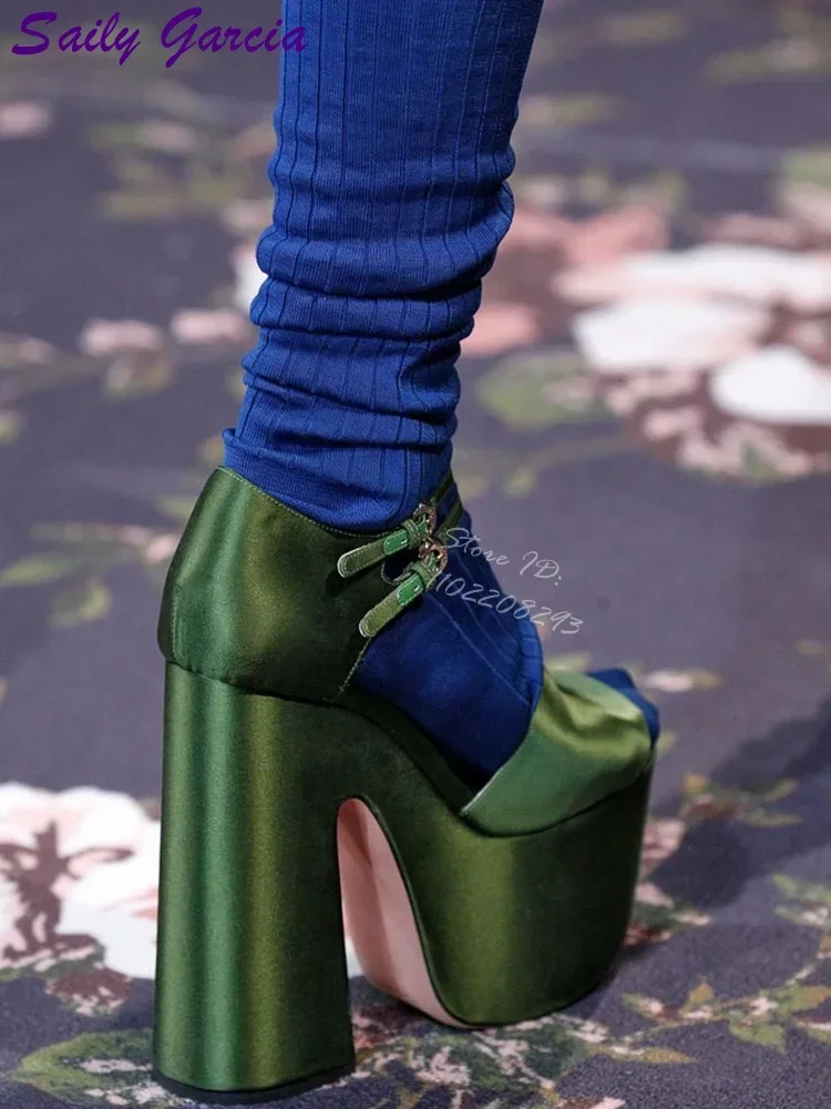 Vintage Olive Green Satin Platform Sandals Peep Toe Double Buckle Ankle Strap Pumps Chunky Heels 2026 Party Fashion Women Shoes