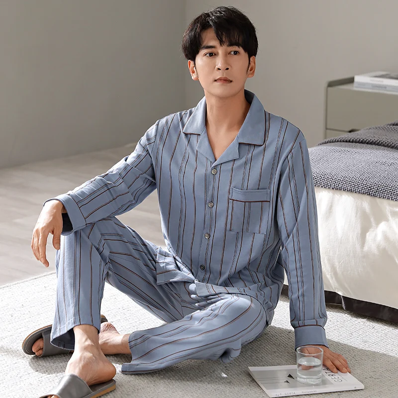 2024 Winter Cotton Pajama Men Blue Stripe Sleepwear Warm Pyjama Homme Home Clothes PJ Set 100% Cotton Pijama Hombre Invierno