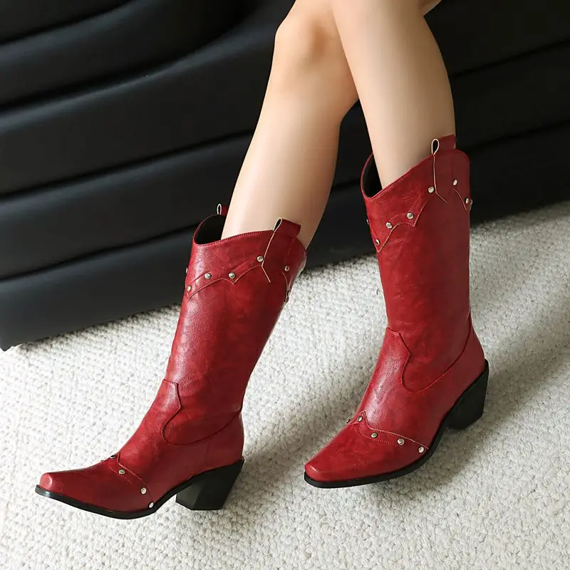 

SIMLOVEYO винтажные женские ботинки в стиле вестерн с квадратным носком, туфли на блочном каблуке 6 см, повседневные заклепки без шнуровки, большие размеры, несколько красных, желтых, черных, коричневых