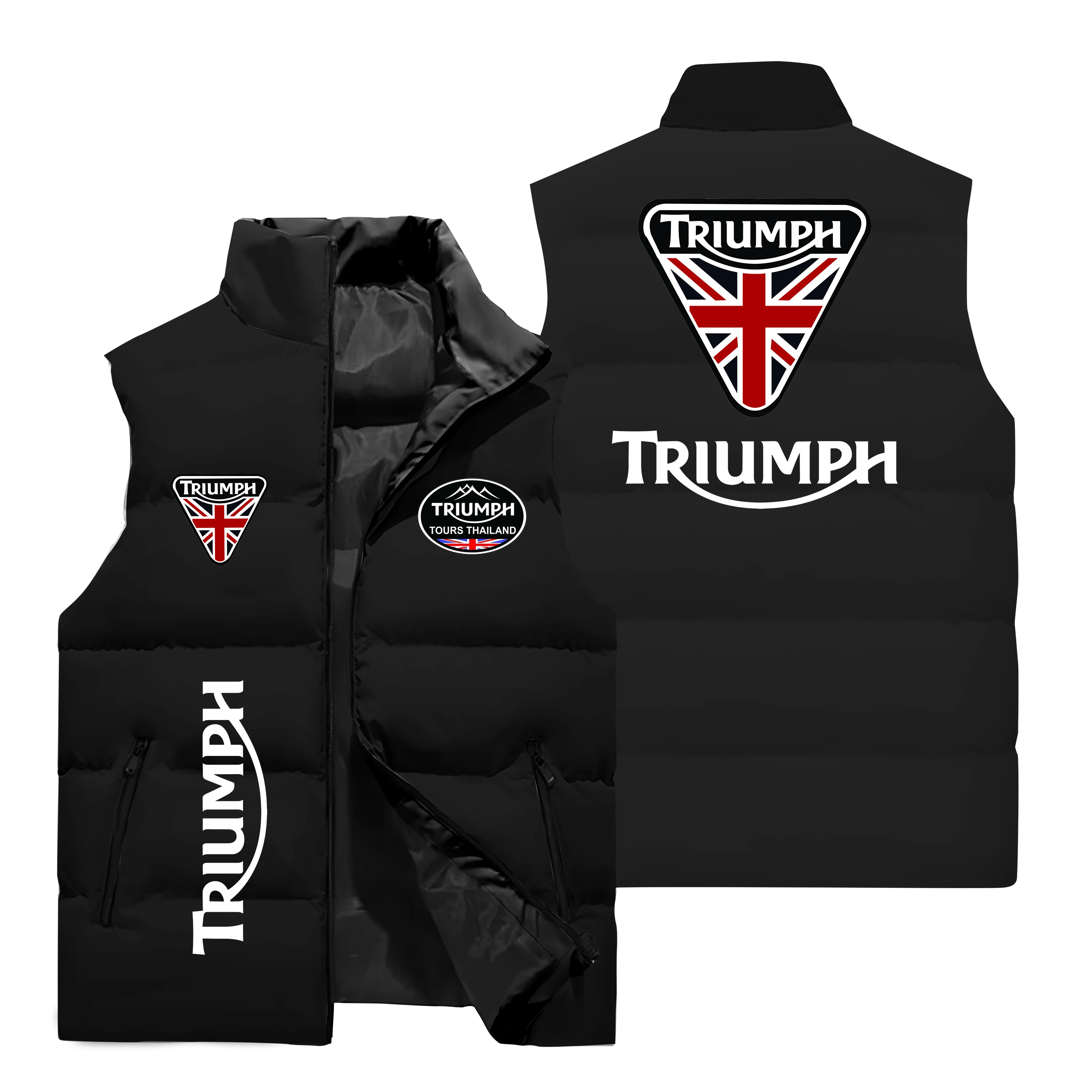 Men's Triumph Motorcycle Padded Vest Flag Print Warm Zipper Gilet Biker Riding Casual Outerwear Winter Thick Vest
