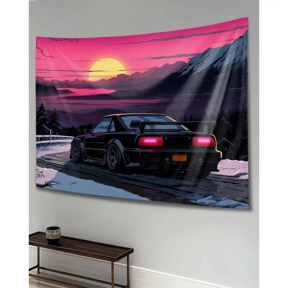 1PC Car Pattern Wall Hanging Tapestry & Flag, Anime Sunset Design Decor for Bedroom, Living Room, Ideal for Men & Women