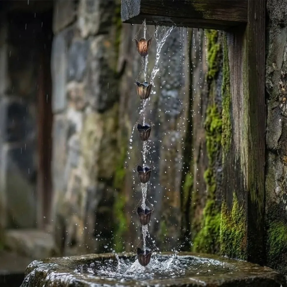 

Japanese Style Metal Tulip Rain Chain 7 Cups Hanging Rain Chain for Gutters Flower-shaped Iron Art Water Drainage Chain