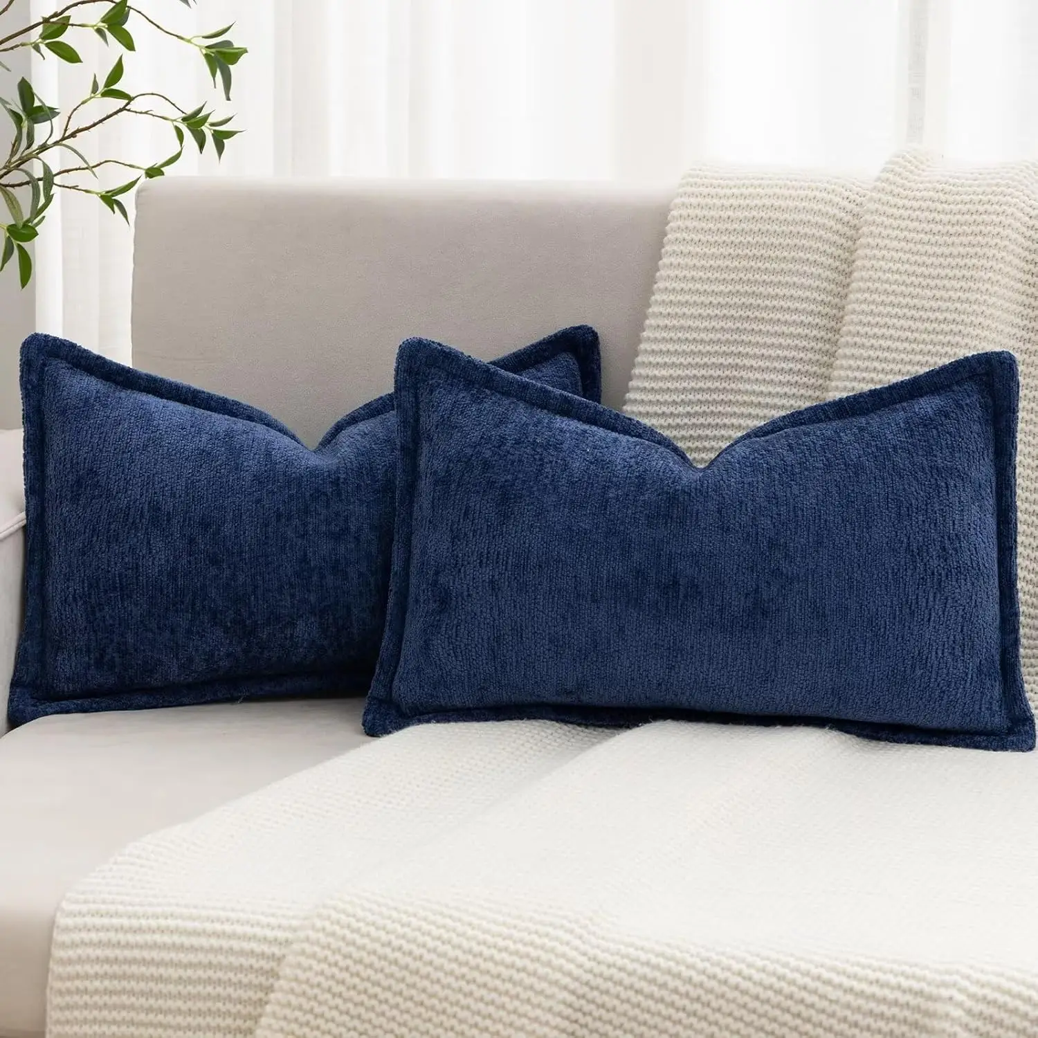 

Navy Blue Decorative Throw Pillow Covers 12X20 H Set Of 2 Cozy Soild Chenille Cushion Cases Soft Textured Lumbar Couch Pillows